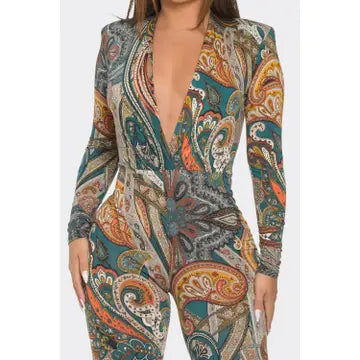 Shoulder Pad Wrap Print Jumpsuit
