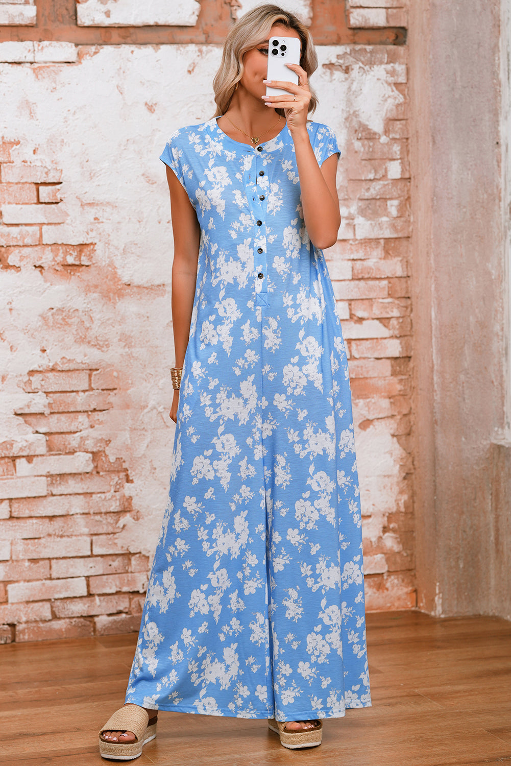 Pink Floral Print Sleeveless Wide Leg Jumpsuit