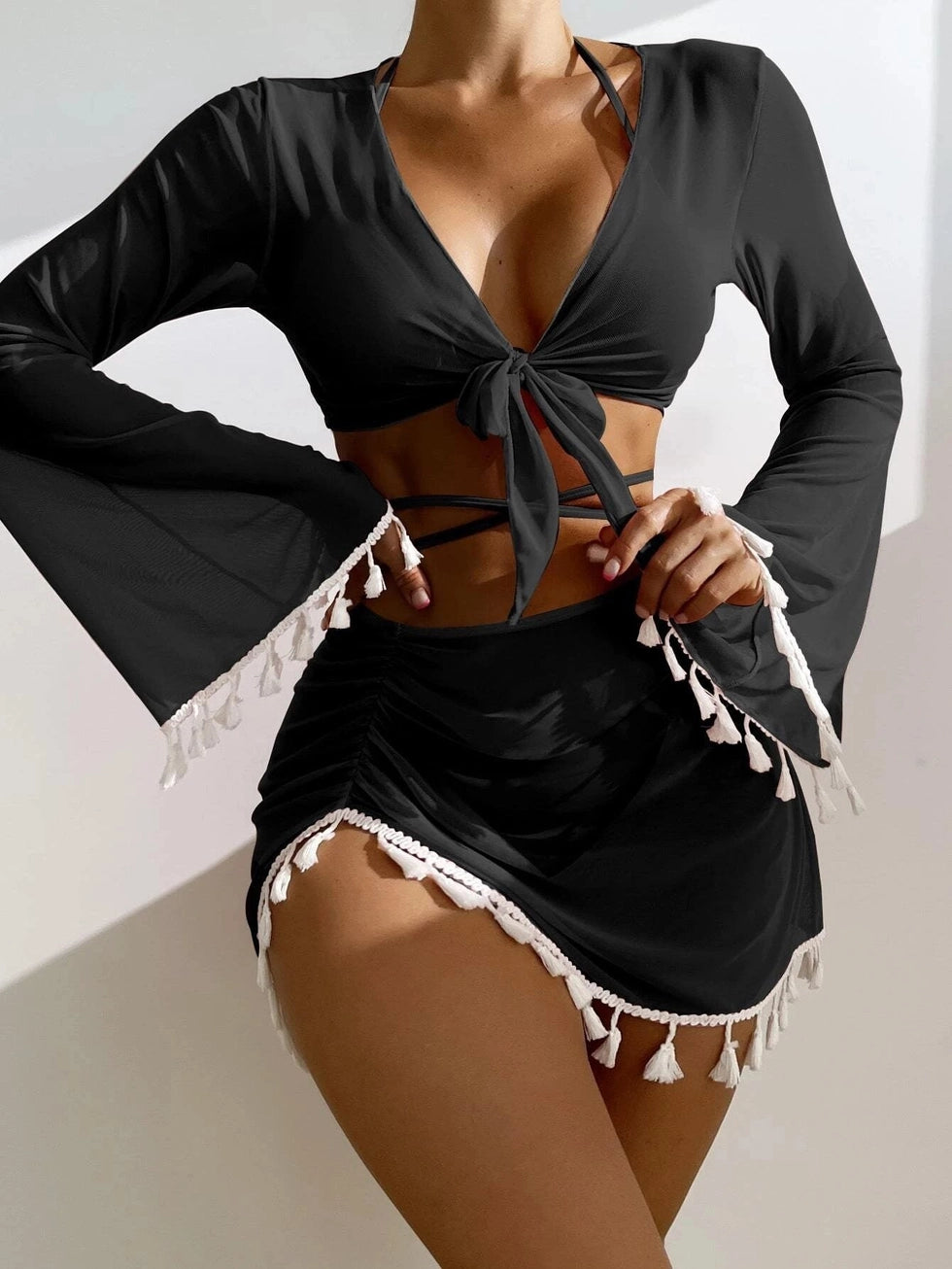 Three or Four Piece Suit Solid Color Tassel Lace Up Long Sleeve Suit