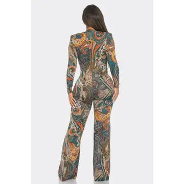 Shoulder Pad Wrap Print Jumpsuit
