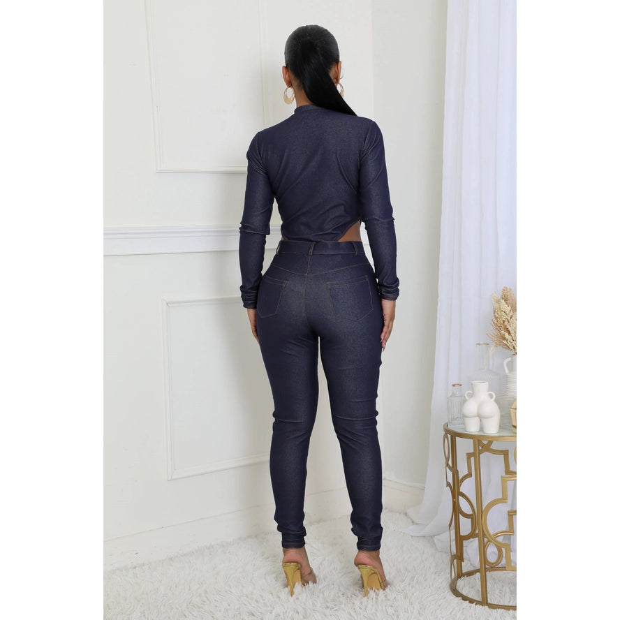 Sleek Cutout Denim Bodysuit Pants Set