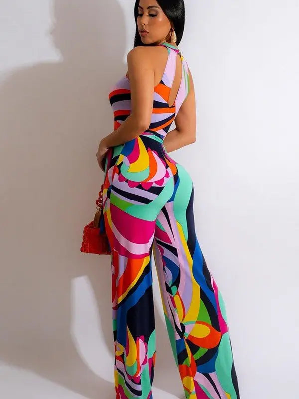 Daring Print Hanging Neck Jumpsuit