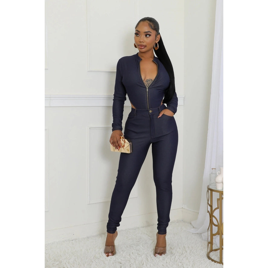 Sleek Cutout Denim Bodysuit Pants Set