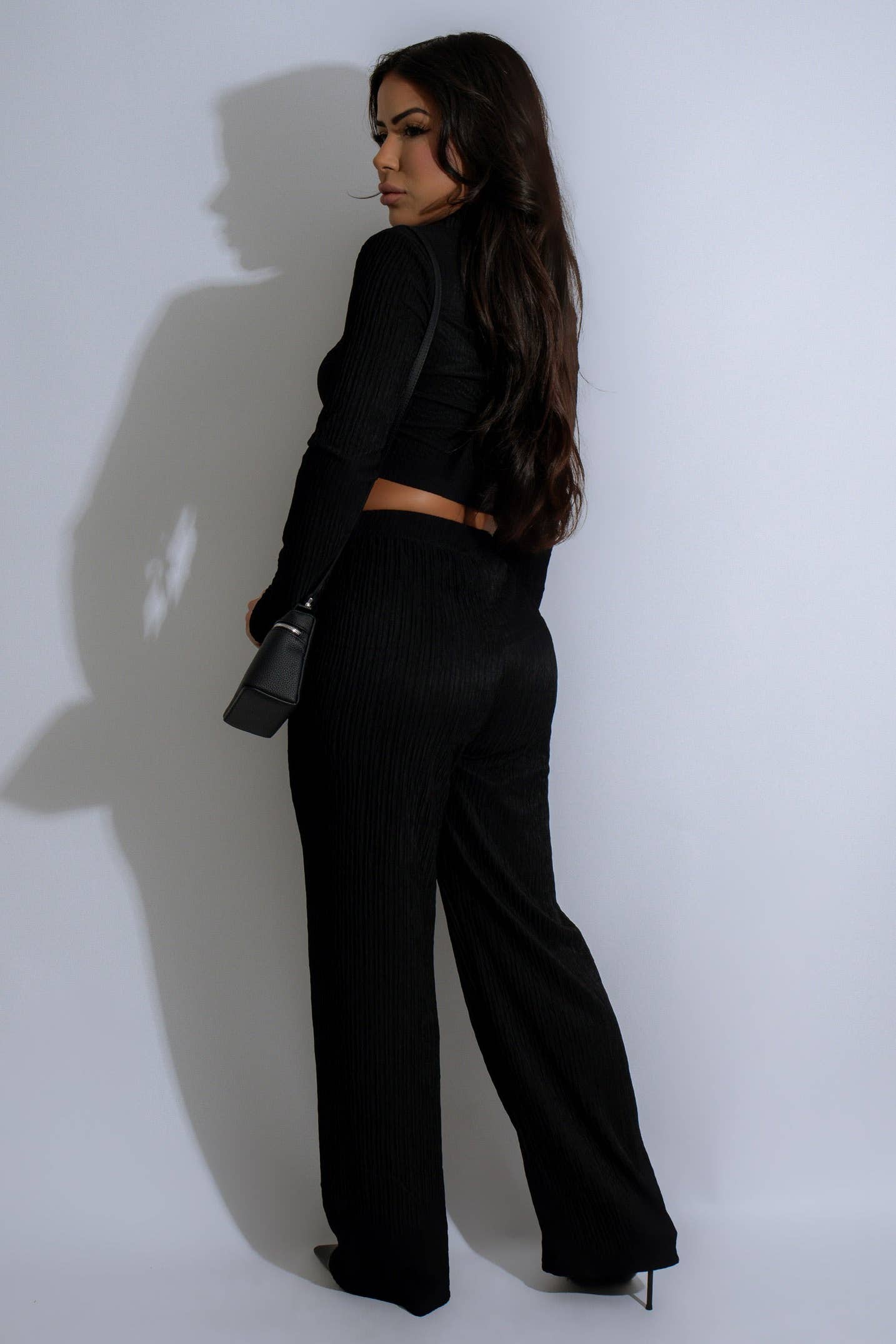 CRINKLED PLISSE ZIP UP LONG SLEEVE LOUNGEWEAR SET