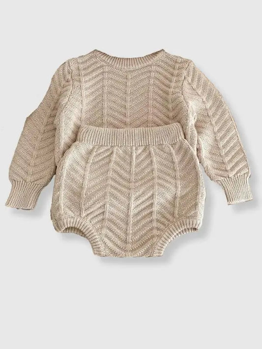100% Cotton Knit Sweater Set with Line Detail - Sand