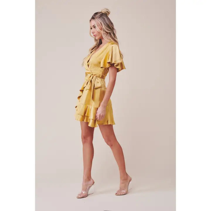 Satin Short Flutter Sleeved Faux Wrap Mini Dress