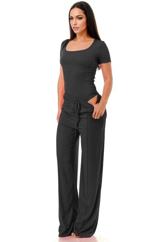Slinky Short Sleeve Body Suit with Flare Pants Fashion Set