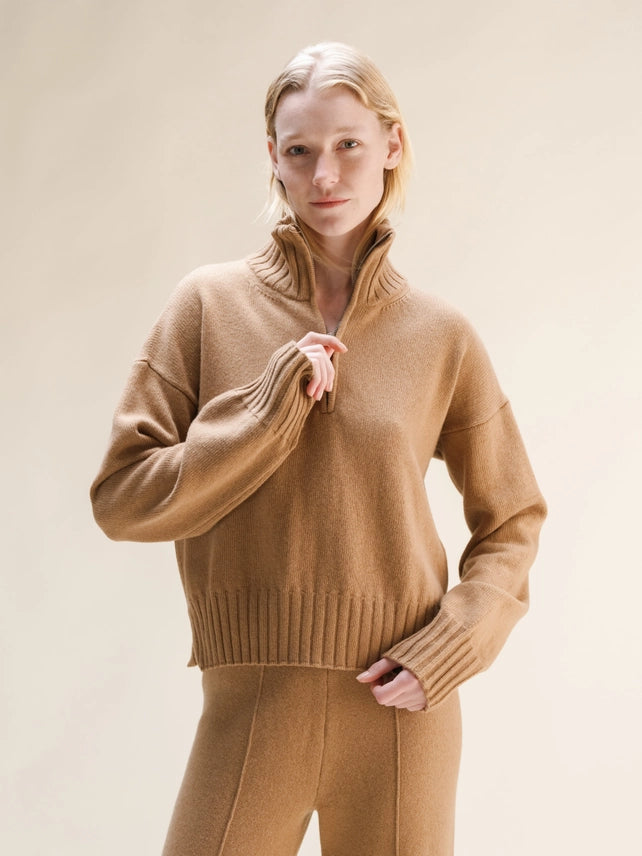 Maglione Corto A Collo Alto Con Zip in Misto Cashmere
