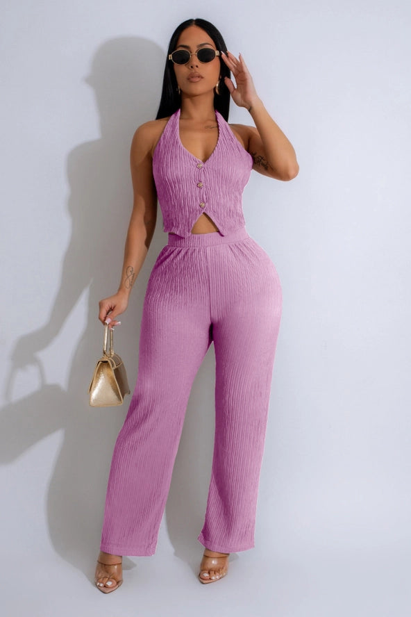 Textured Button Down Vest & Pants Set