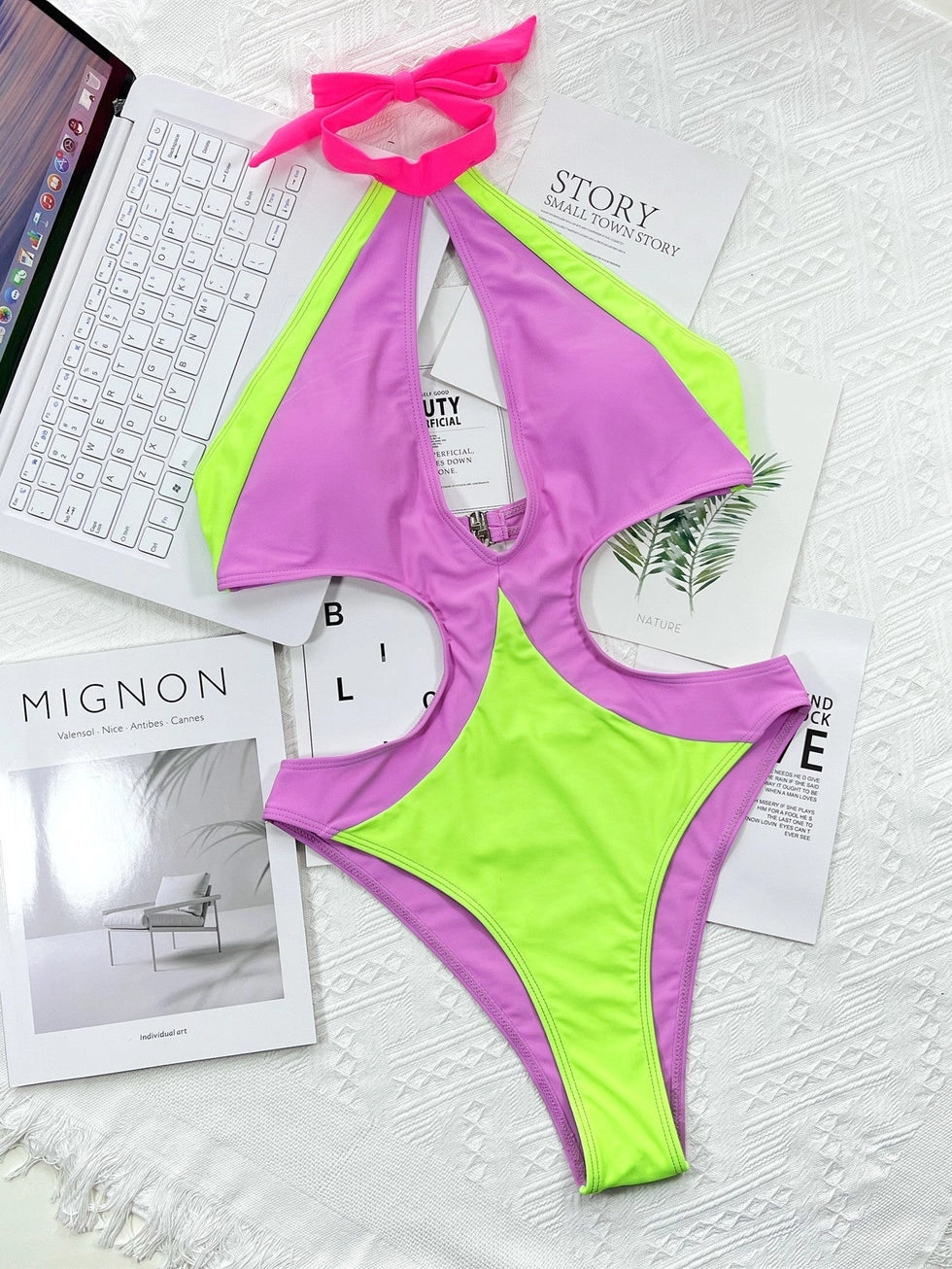 Contrast Color One Piece Hollow Out Cutout Swimsuit