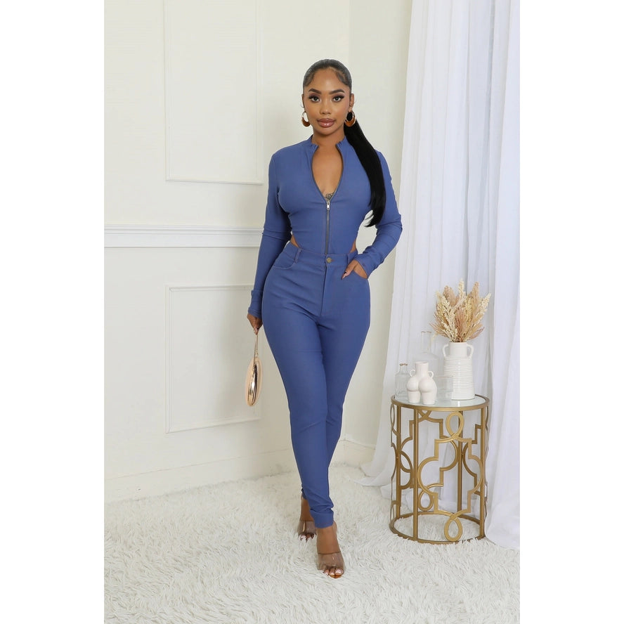 Sleek Cutout Denim Bodysuit Pants Set