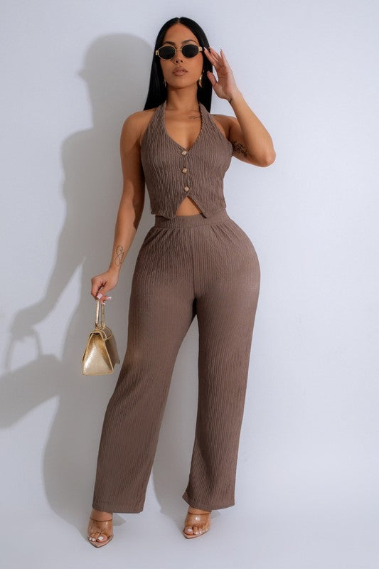 Textured Button Down Vest & Pants Set